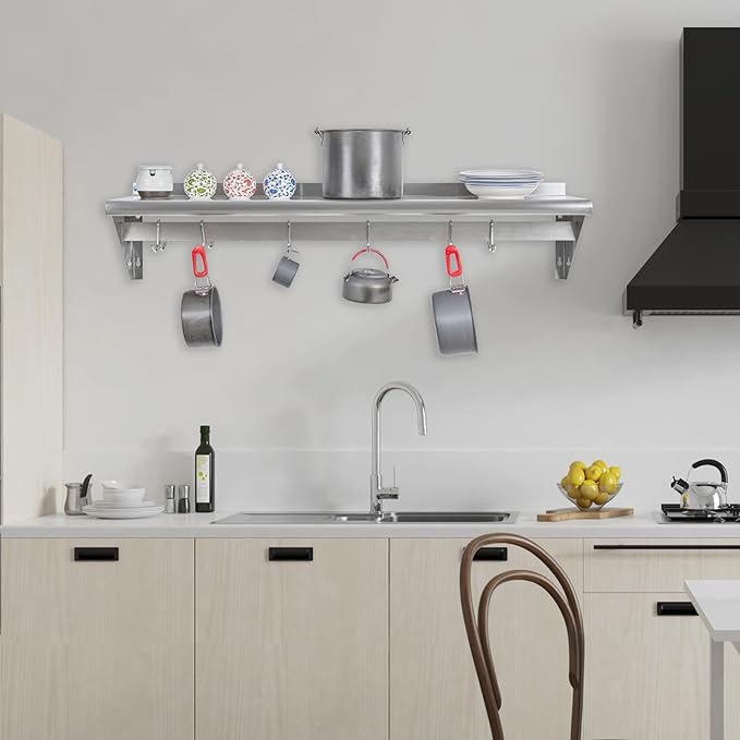Hally Stainless Steel Shelf with 6 Hooks 18 x 48 Wall Mounted Pot Rack 400lb NSF Commercial Floating Shelving for Storage Hanging Pots Pans cookware in Restaurant Kitchen Home and Hotel