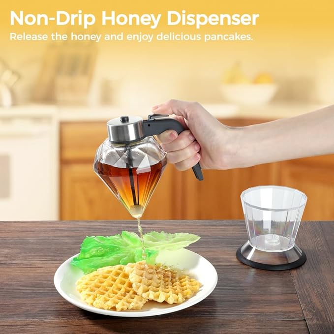 Honey Dispenser Elegant Glass Syrup Pot Drip-Free Honey Jar with Stand Perfect for Pancakes Oils Vinegar Soy Sauce and More