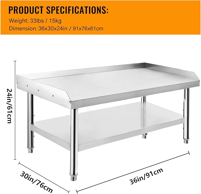 Stainless Steel 36x30x24 in Equipment Grill Stand Table 1000 LBS Top Shelf 220 LBS Bottom Shelf Adjustable Legs 2 in Edge Baffle for Hotel Home Commercial Restaurant Kitchen