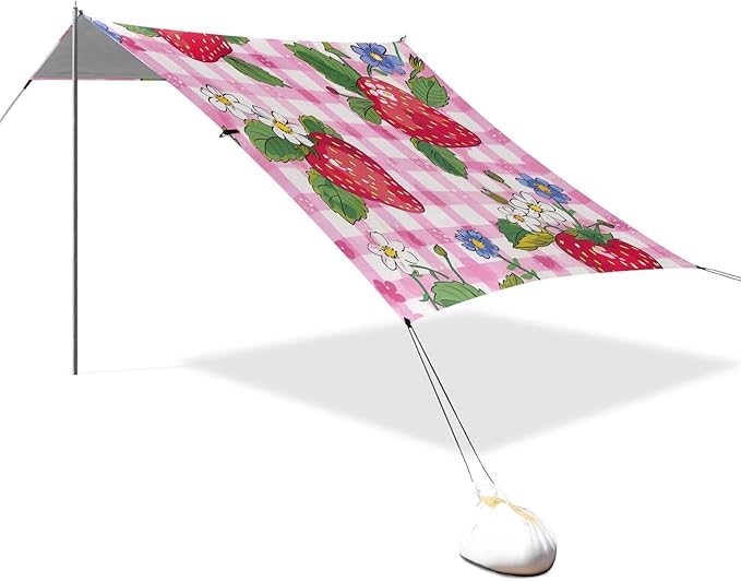 Strawberry Pattern Beach Tent Sun Shelter 9.2' x 10.5' Beach Canopy with 4 Sandbags 4 Stability Poles Sand Shovels - Tent Canopy for Beach Camping Fishing Picnics