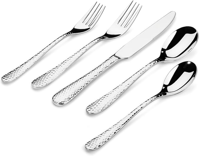 Hammered Silverware Set 30-Piece Flatware Cutlery Set Service for 6 Modern Heavy Duty Design 18/10 Stainless Steel Utensils Dishwasher Safe