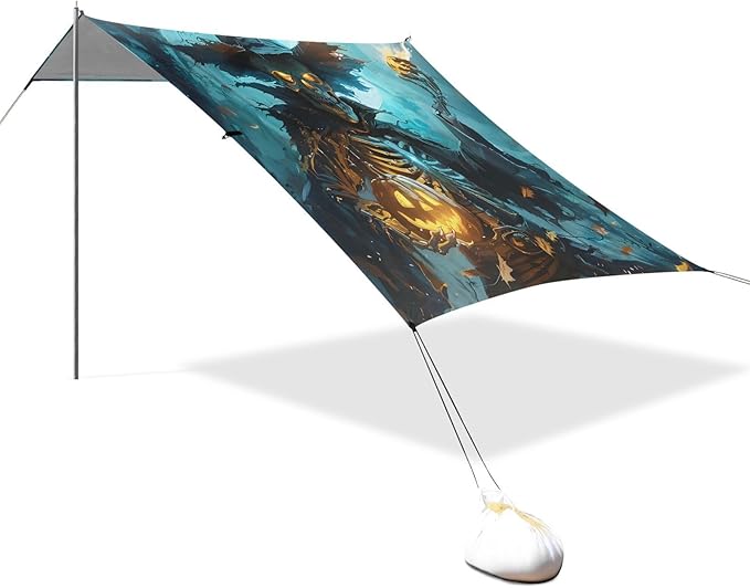 ALAZA Halloween Skull Pumpkin Beach Tent Sun Shelter UPF50+ Protection Beach Shade Canopy w/ 4 Sandbags for Outdoor Camping Fishing Backyard Fun Picnic 10x9 ft