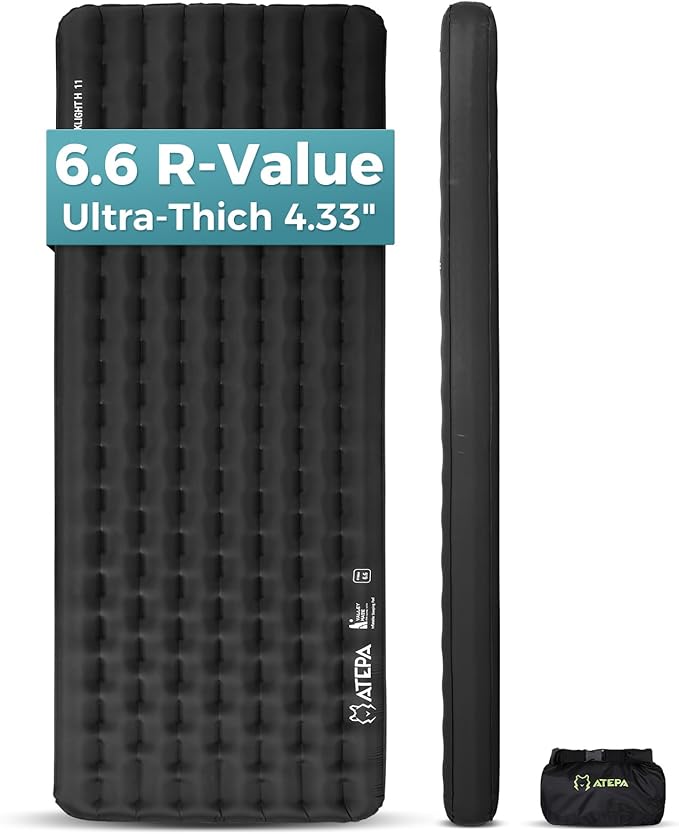 ATEPA ThermAir Pro Backpacking Inflatable Sleeping Pad 6.6 R-Value Insulated Ultralight Portable Camping Pad Thick Camping Mat for Camping Backpacking Tent Wide Long Size 78x27 Black