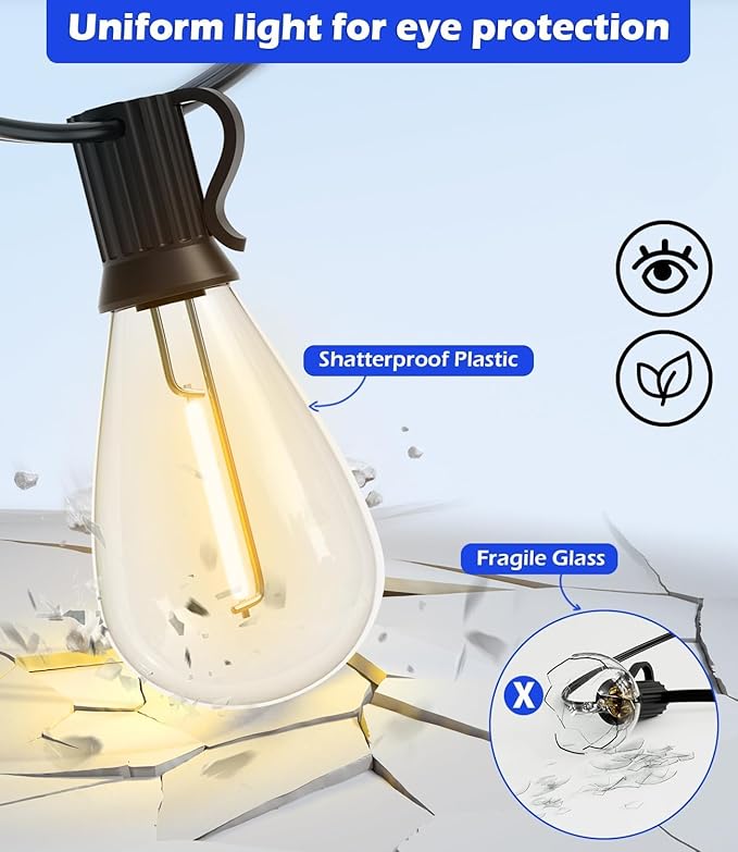 luckystyle 60FT LED Outdoor String Lights with 16+1 Edison Shatterproof Waterproof Bulbs 2700K Commercial Grade Patio Lights Heavy Duty Outside Hanging Outdoor Lights for Garden Porch Deck Decor
