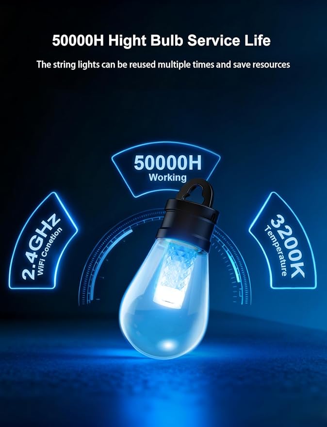 APPECK Outdoor String Lights 50ft Smart RGBW Outdoor Patio Lights with 15 LED Bulbs Extendable 111 Scene Modes IP65 Waterproof Lighting for Outside Dimmable Warm White Compatible with Alexa