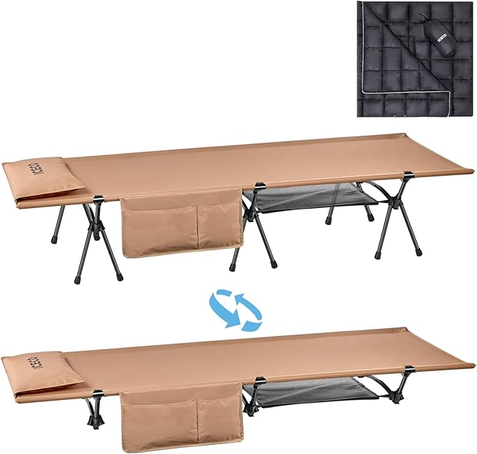 ICECO Camping Cot with Camping Blanket for Adults 900D Oxford Fabric Height Adjustable with Cot Leg Extenders Sleeping Cot for Camping Hiking Beach Home Lightweight Comfortable (L-Khaki)