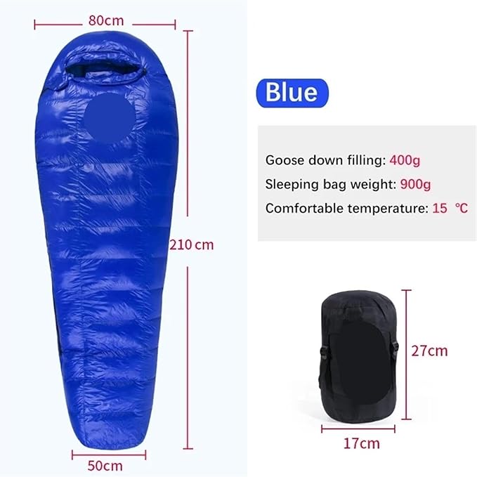 Sleeping Bag White Goose Down Sleeping Bag Camping Filled Men Warm for Travel Hiking for Adult(Blue 400g)