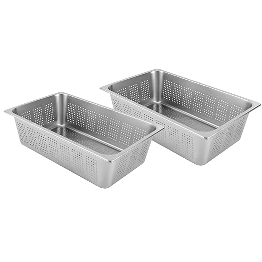 DYNAMI 2-Pack 6 Inch Deep Full Size Steam Table Pans Anti-Jam Perforated Stainless Steel Steam PansRestaurant and Commercial Stainless Steel Food Containers