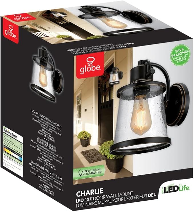 Globe Electric 44127 Charlie 1-Light Outdoor Indoor Wall Sconce LED Bulb Included Oil Rubbed Bronze Clear Seeded Glass Shade 500 Lumen