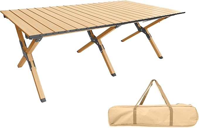 Folding Camping Table Roll-Up Folding Table with Carry Bag Portable Aluminum Picnic Table Low Height Beach Table for Outdoor Use Travel BBQ &amp Hiking Easy Assembly (Natural)