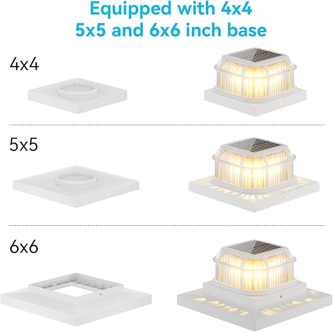 Solar Post Light 6 Packs with 4x4 5x5 and 6x6 Inches Base for Vinyl/Wooden Posts Bright 16 LEDs Solar Cap Lights with Two Light Modes for Decorating Deck Patio Porch Fence (White)