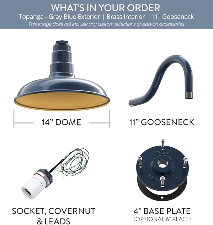 Steel Lighting Co. Topanga Barn Light | Outdoor Wall Mounted | 14 inch Dome | 11 Gooseneck | Farmhouse Garage Light Made in America | Gray Blue Exterior/Brass Interior