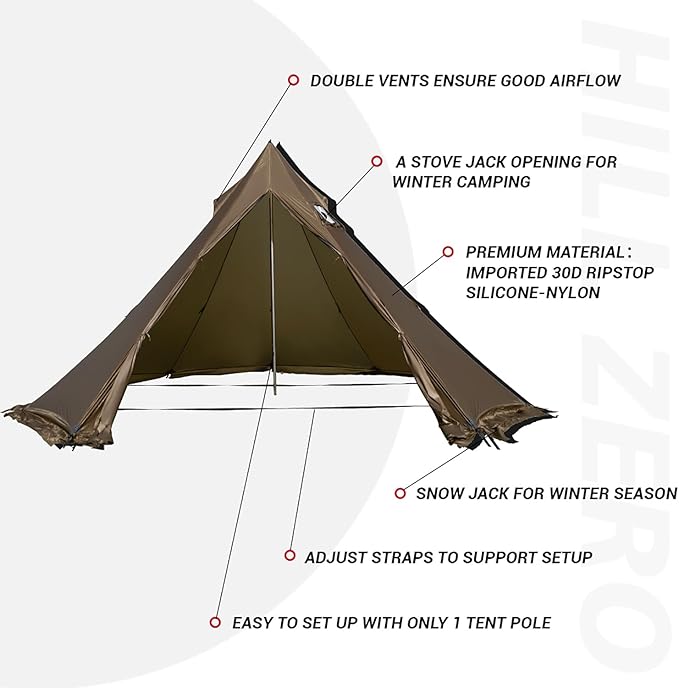 Tipi Tent Camping Hot Tent Rheum Nobile Lightweight Teepee Waterproof with Stove Jack for 2-4 Person Hiking Hunting Backpacking