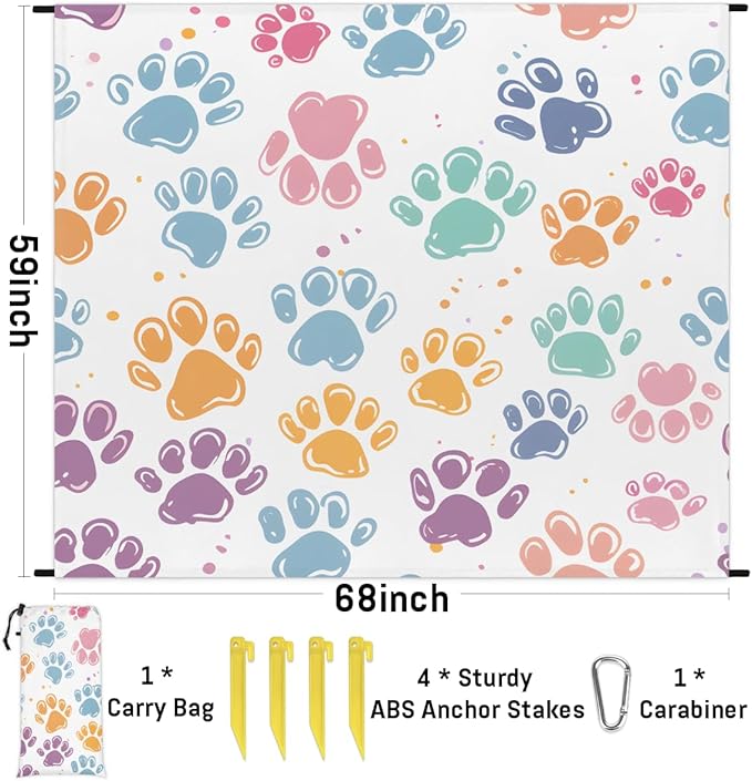 Waterproof Sandproof Beach Blanket 59''×68'' Animals Cats Footprints Polyester Outdoor Picnic Blanket with 4 Stakes &amp Storage Bag for BeachCampingVacation White