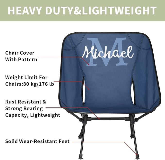 Custom Dark Blue Portable Camping Chair Personalized Backpacking Chair with Name Lightweight Foldable Chairs for Hiking Beach