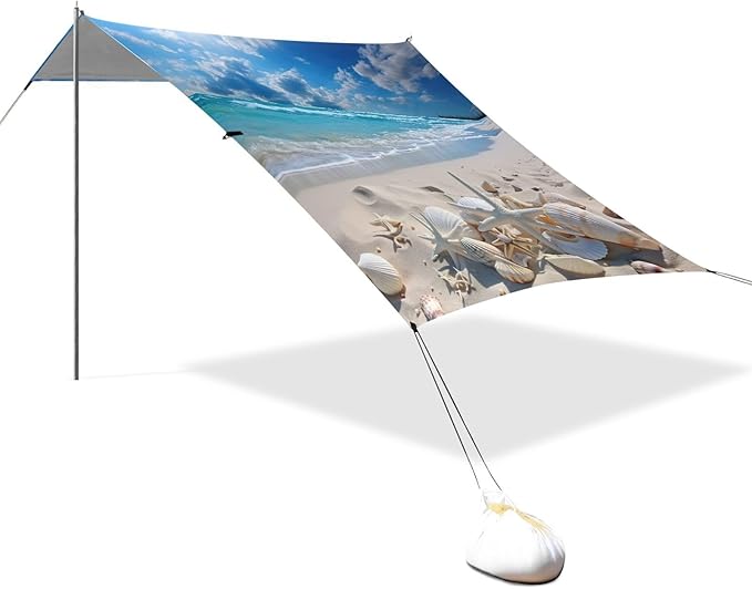 Beautiful Beach Scene Beach Tent Sun Shelter 9.2' x 10.5' Beach Canopy with 4 Sandbags 4 Stability Poles Sand Shovels - Tent Canopy for Beach Camping Fishing Picnics