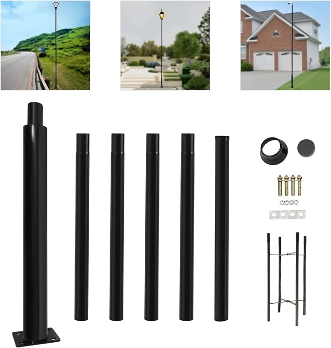 Street Light Pole Black Outdoor Galvanized Solar Street Lamp Post Split Street Lamp Post Outdoor Street Courtyard Parking Lot Lighting Post w/Mounting Rebar Cage for Street (19.7ft 114+76mm)