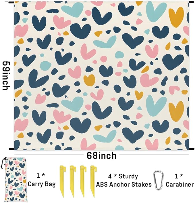 Waterproof Sandproof Beach Blanket 59''×68'' Funny Shape Heart Polyester Outdoor Picnic Blanket with 4 Stakes &amp Storage Bag for BeachCampingVacation