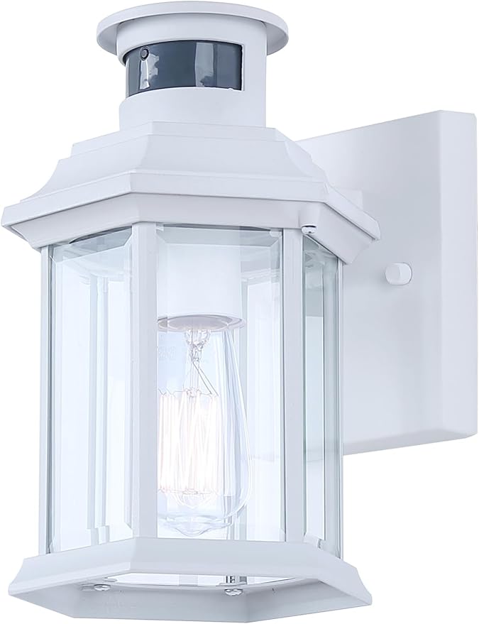 Harbor 1-Light Outdoor Wall Light 10-Inch White with Clear Glass Built-in Motion Sensor/Photocell Classic Durable Outdoor Lantern for Entryways Patios Porches