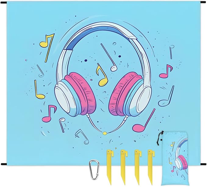 Waterproof Sandproof Beach Blanket 59''×68'' Music Headphones Polyester Outdoor Picnic Blanket with 4 Stakes &amp Storage Bag for BeachCampingVacation Blue