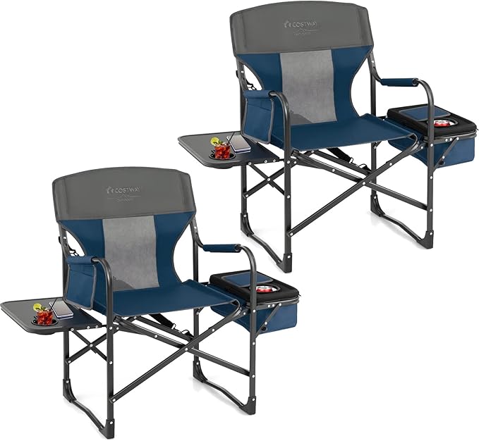 COSTWAY Folding Camping Chair Heavy-Duty Director Chair Supports 400lbs for Adults with Side Table Cooler Bag Storage Strap Portable Makeup Chair Suitable for Fishing Picnic
