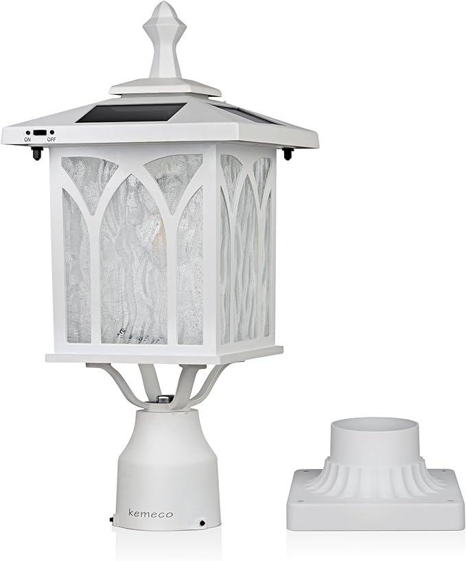 Kemeco ST4328Q-W Solar Post Light Outdoor Cast Aluminum White Fixture with 3 Inch Pire Mount for Pole Pillar Yard Garden Landscape Entryways Décor