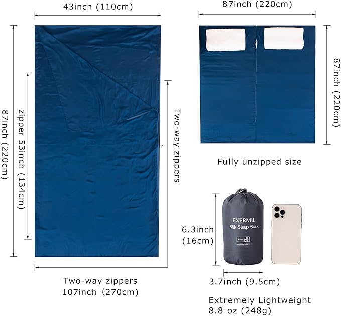100% Silk Sleep Sack with Zippers on 3 Sides 87”x43” Large Sleeping Liners for Hotels Travel &amp Camping Multifunctional Travel Sheets (Unzipped:87”x87”) for Adults Lightweight All Seasons