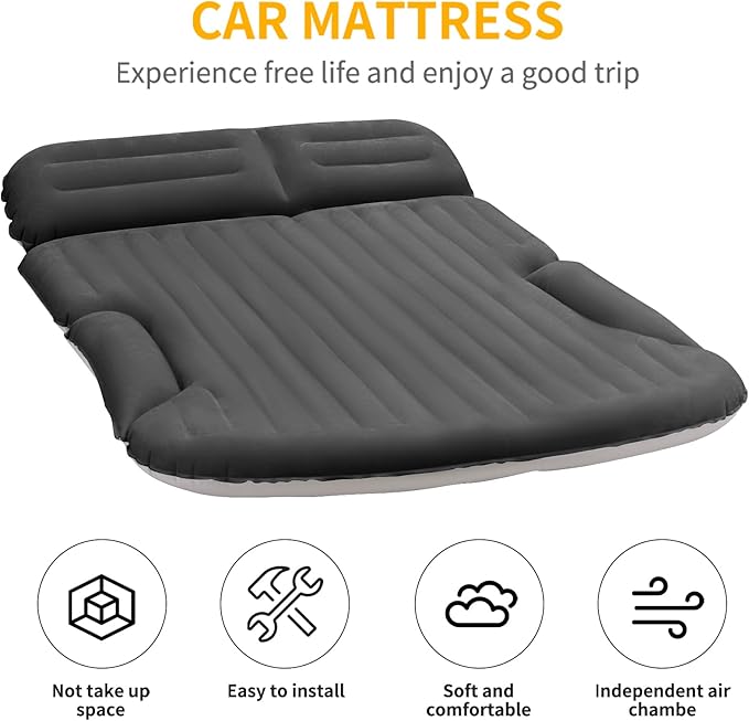 KMZ SUV Air Mattress Thickened and Double-Sided Flocking Travel Camping Bed with 2 Pillows &amp Electric Pump Dedicated Mobile Cushion Inflatable Bed for SUV Trunk and Rear Seat (Dark Gray)