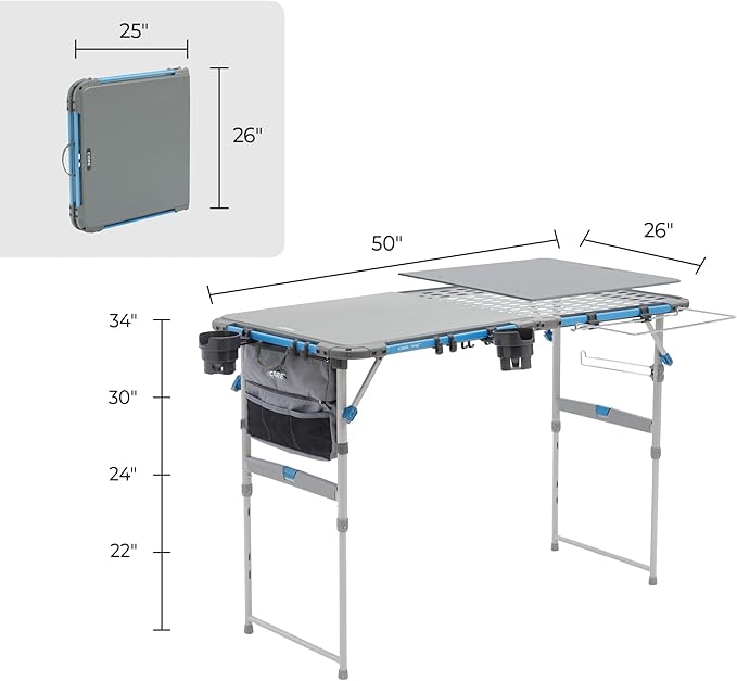 CORE Outdoor Cook Table | 4 Foot Table with Adjustable Height and Storage for Cooking Accessories | Foldable &amp Portable for Beach Picnic Backyards BBQ Tailgate Patio and Party