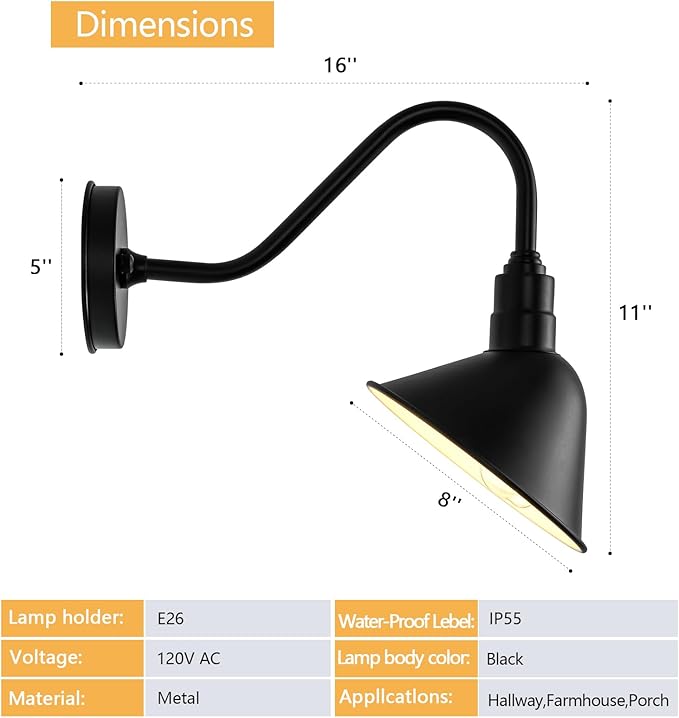 8 inch Gooseneck Outdoor Sign Light for Storefront and Shop Signs Black Metal Barn Style Wall Mount Fixture for Exterior Commercial Lighting
