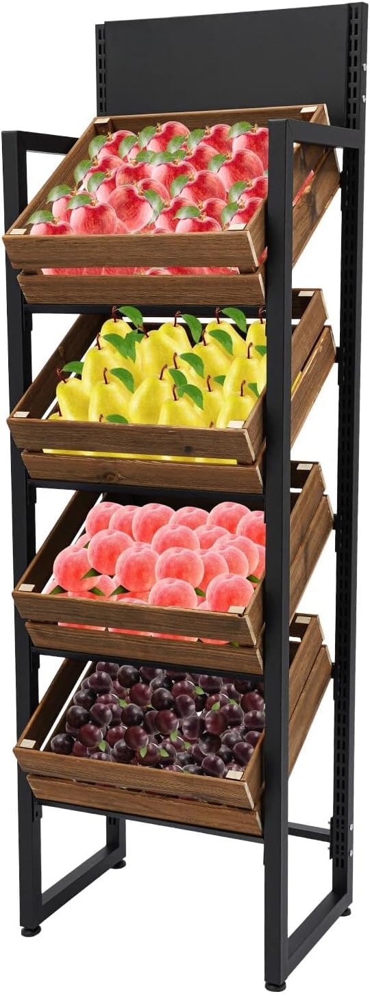 Wooden Fruit Vegetable Storage Rack 4 Tier Solid Wood Baskets Charcoal Iron Frame Heavy Duty 44.09lbs Per Shelf Capacity For Kitchen Pantry Produce Store Display Easy Assembly Adjustable Feet