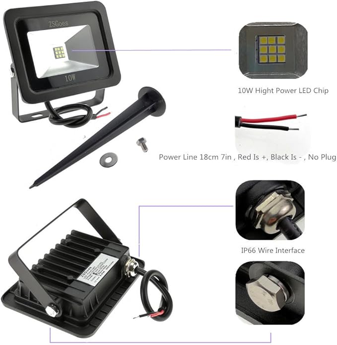 6 Pack Cool White 10W LED Flood Light Outdoor Waterproof IP65 Wall Security Landscape Lamp Home Square Yard Garage Street Pathway Spike Stand Low Voltage 12V 24V 36V 48V 60V DC AC