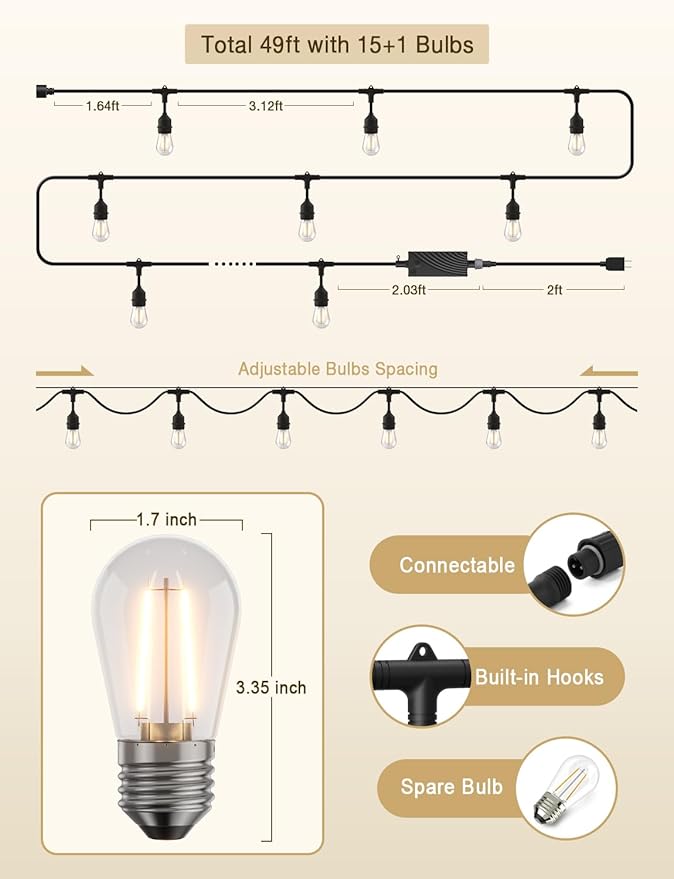 XMCOSY+ Smart Patio Lights 49Ft LED Outdoor String Lights Waterproof IP65 App Control Compatible with Alexa Dimmable Edison Bulbs Outdoor Light for Yard Porch Bistro Outside