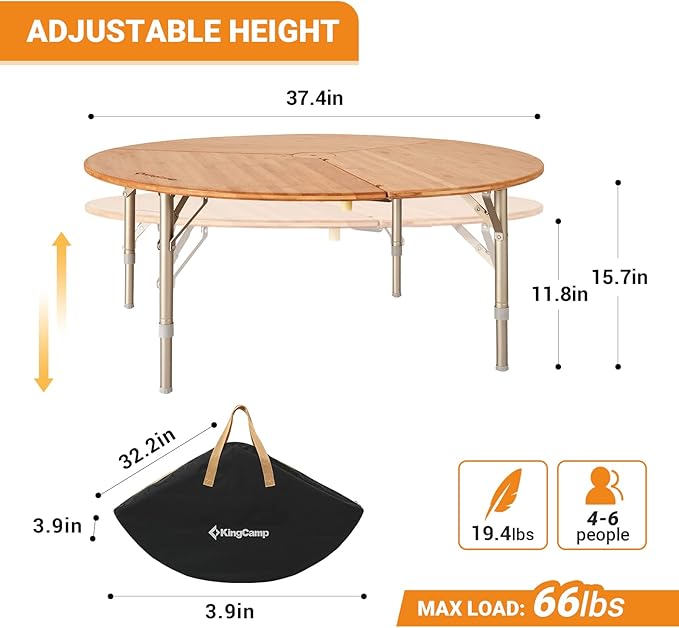 KingCamp Bamboo Round Folding Table Camping Table for Teepee Bell Tent 3 Fold Portable Camp Table with Heavy Duty Adjustable Height Aluminum Leg for Camping Picnic Indoor &amp Outdoor Card Game Dinni