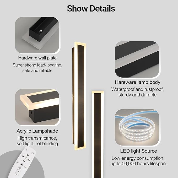 2 Pack 39.4In Outdoor Wall Sconce Black Modern Wall Light Exterior Fixtures for House Dimmable Acrylic Linear Outside Wall Light for Doorway Stairway Garage Patio