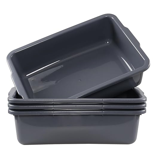 4-Pack 32 L Large Bus Tubs Commercial Tote Box Plastic Bus Box Grey Restaurant Wash Basin/Dish Washing Tub for Kitchen Organization/Storage