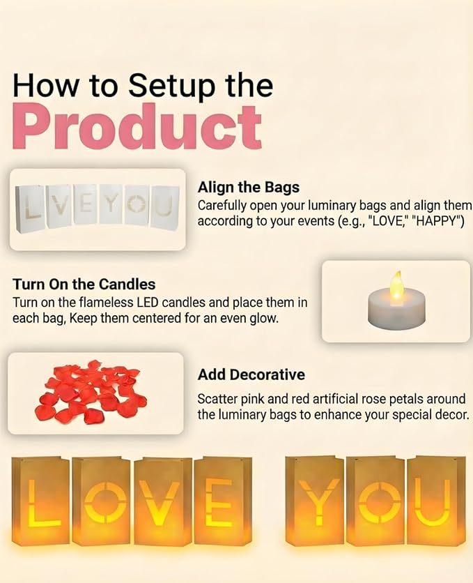 AceList Romantic Anniversary Decorations Set - Love You More Every Day 19 Pcs Luminary Bags with 40 LED Tea Lights 2000 Rose Petals &amp 6 Heart Balloons - Light Up Letters Kit for Proposal