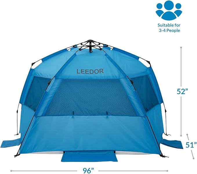 LEEDOR® Beach Tent Sun Shelter Instant Beach Umbrella with UPF 50+ UV Portable Windproof Pop Up Shade for 3 to 4 Person for Family Patent Pending