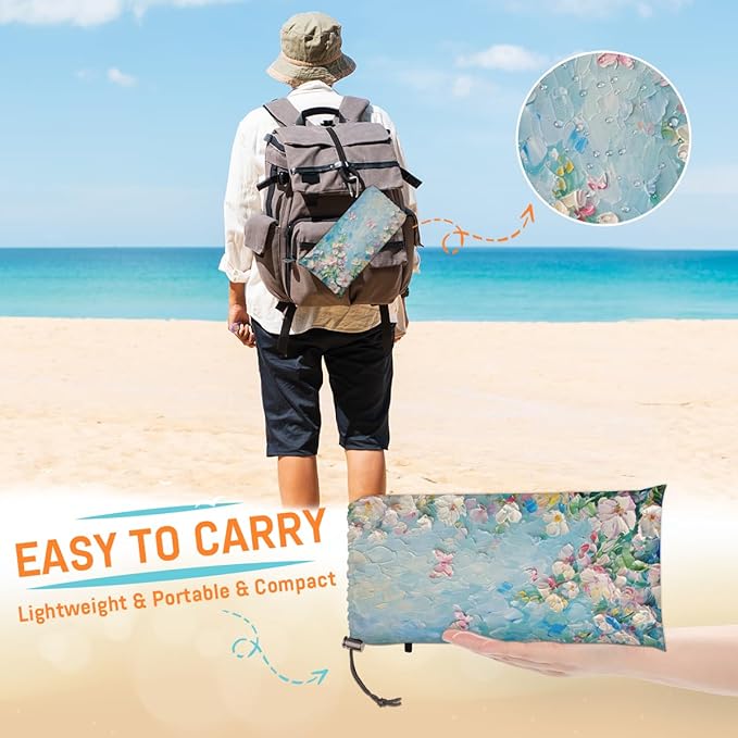 Waterproof Sandproof Beach Blanket 59''×68'' Flower Polyester Outdoor Picnic Blanket with 4 Stakes &amp Storage Bag for BeachCampingVacation Oil Paintings