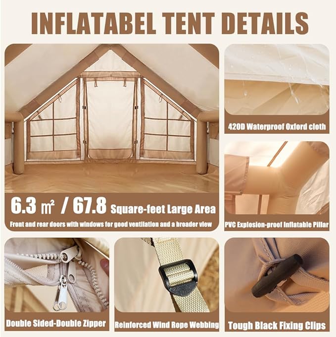Inflatable Tents for Camping Blow Up Tent with Hand Pump for 2-6 Person Easy Setup 4 Seasons Waterproof Windproof Outdoor Oxford Cabin Tent House with Mesh Windows &amp Doors for Friend Family Trav