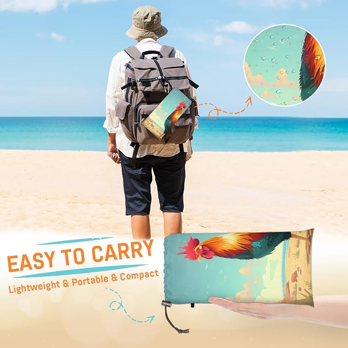 Waterproof Sandproof Beach Blanket 59''×68'' Animal Polyester Outdoor Picnic Blanket with 4 Stakes &amp Storage Bag for BeachCampingVacation Rooster
