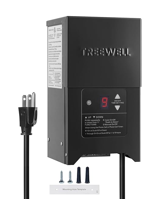 300W Low Voltage Landscape Transformer Outdoor Landscape Lighting Transformer with Photocell Sensor &amp Timer 120V AC to 12V/15V AC Stainless Steel Waterproof Transformer Black ETL Listed