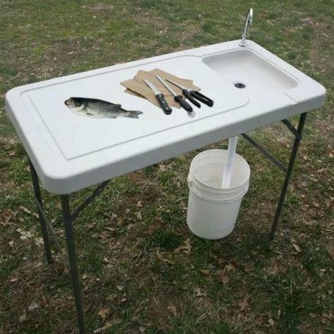 Folding Fishing Cleaning Table with Sink 4ft Portable Foldable Camping Outdoor Table with Faucet for Picnic Camping Kitchen Gardening White