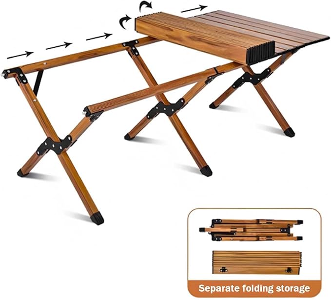 Portable Outdoor Camping Table Large for 2-6 Person Foldable Roll-up Metal Camp Table with Carry Bag for Picnic Camp Wood Color