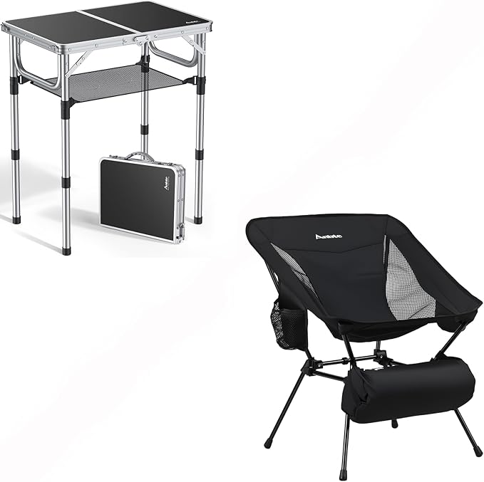 Anbte Folding Camping Table with Storage Net &amp Extra Height &amp Width Portable Camping Chair 400LBS Capacity Compact Folding Chair