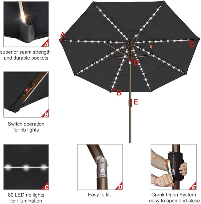 EliteShade USA 10-Year-Non-Fading Solar 9ft 3 Tiers Market Umbrella with 80 LED Lights Patio Umbrellas Outdoor Table with VentilationBlack