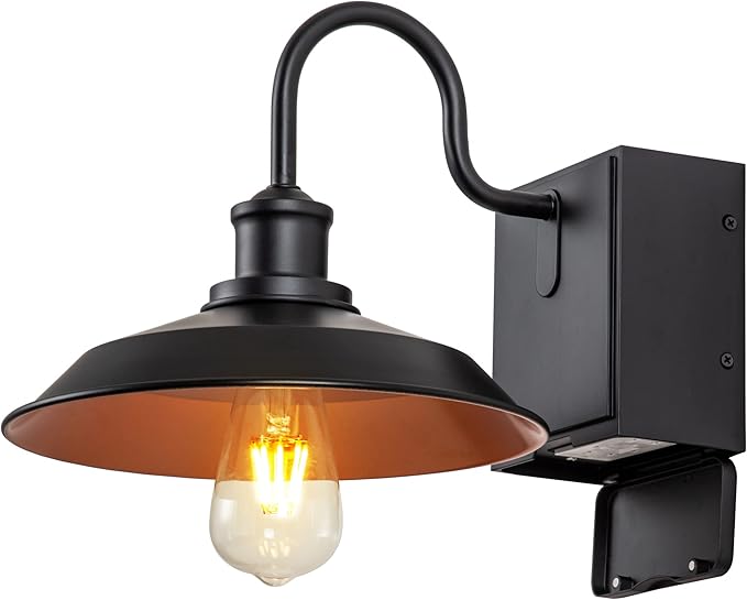Outdoor Lights Fixture with GFCI Outlet Black Porch Light Waterproof Exterior Barn Wall Lights Fixture Industrial Farmhouse Wall Sconce Wall Mount Outside Lights for HousePatio Garage