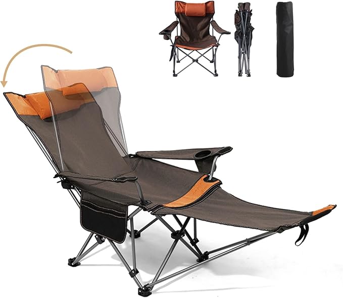 Reclining Camping Chair with Removable Footrest Adjustable Camping Lounge Beach Chair with Padded Headrest Cup Holder &amp Carry Bag Camp Chair with Foot Rest Lawn Chair for Outdoor Patio Orange