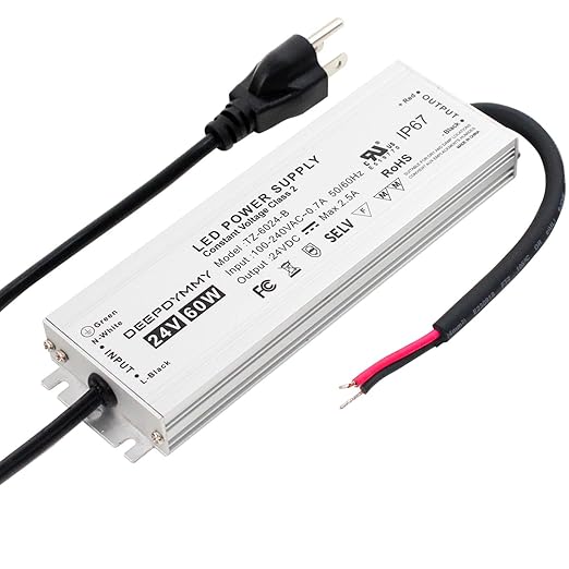 24V DC Power Supply 60W - Ultra Slim LED Driver Low Voltage Transformer with 3-Prong Plug &amp 3.3ft Cable IP67 Waterproof for LED Strip Lights Outdoor Lighting