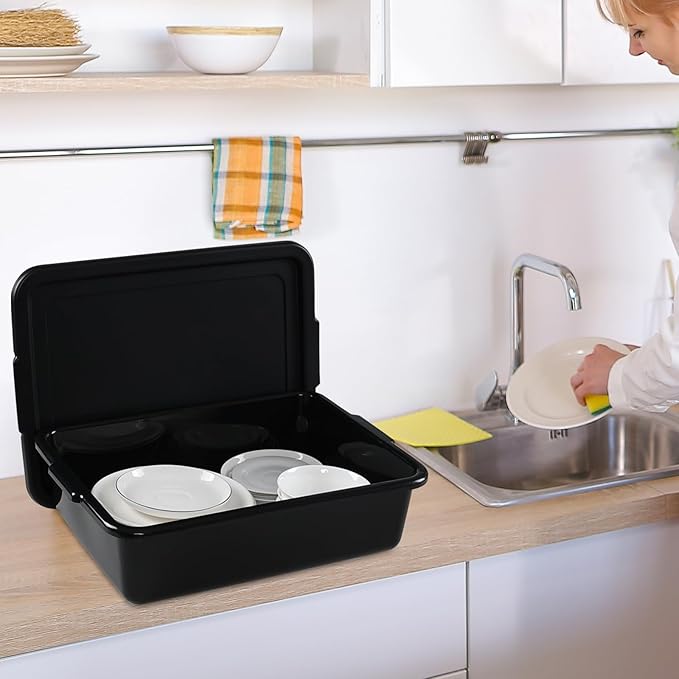 Taysisiter 13 L Plastic Commercial Bus Tub with Lid Restaurant Bus Bin Black 3 Packs